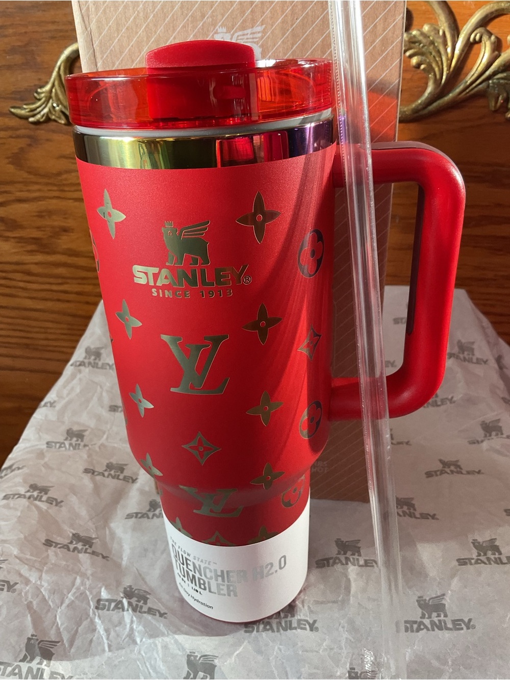 Stanley Red Tumbler with Gold Monogram Accents 40oz